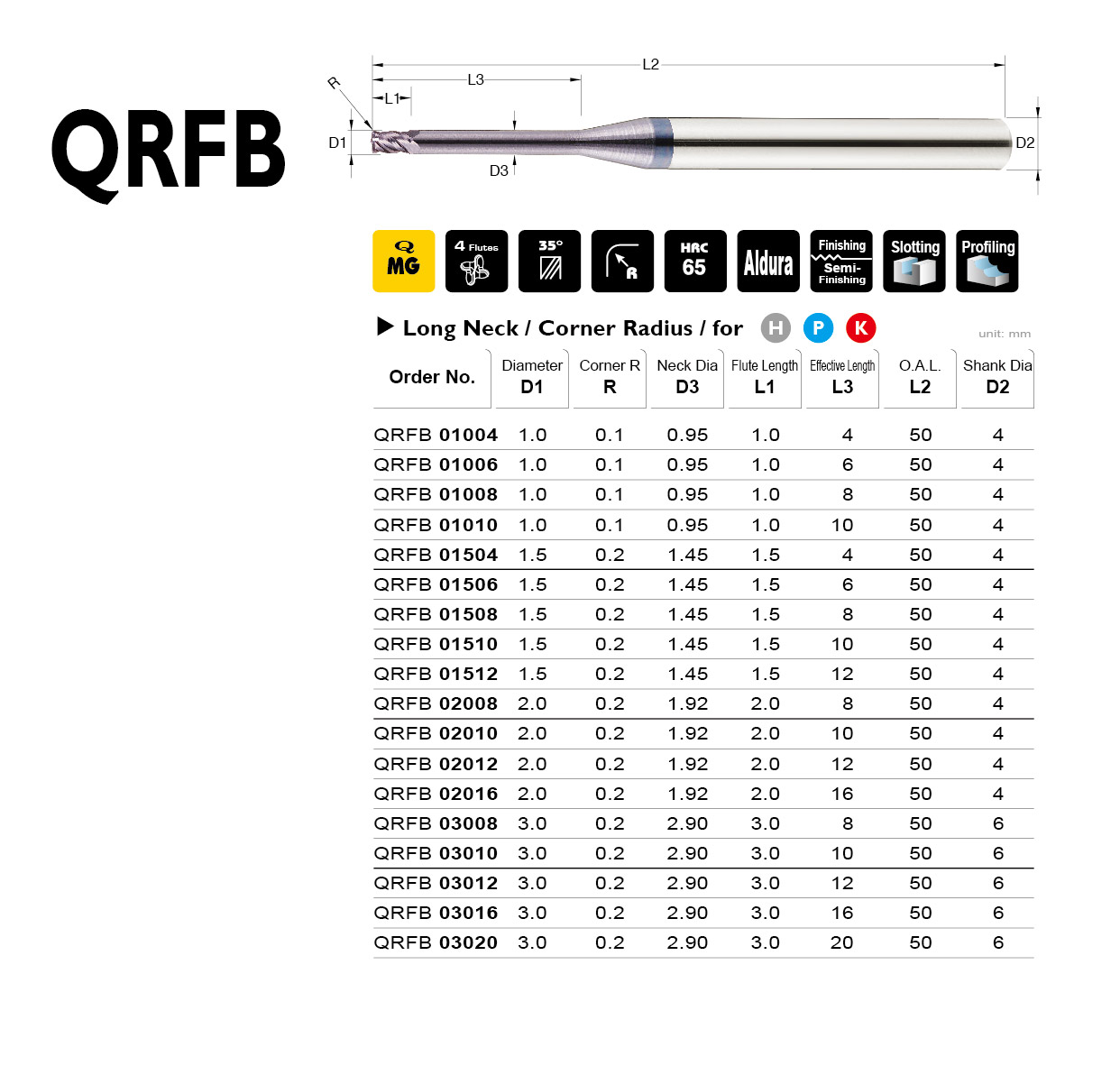 Long Neck Corner Radius End Mill QRFB-SPEC